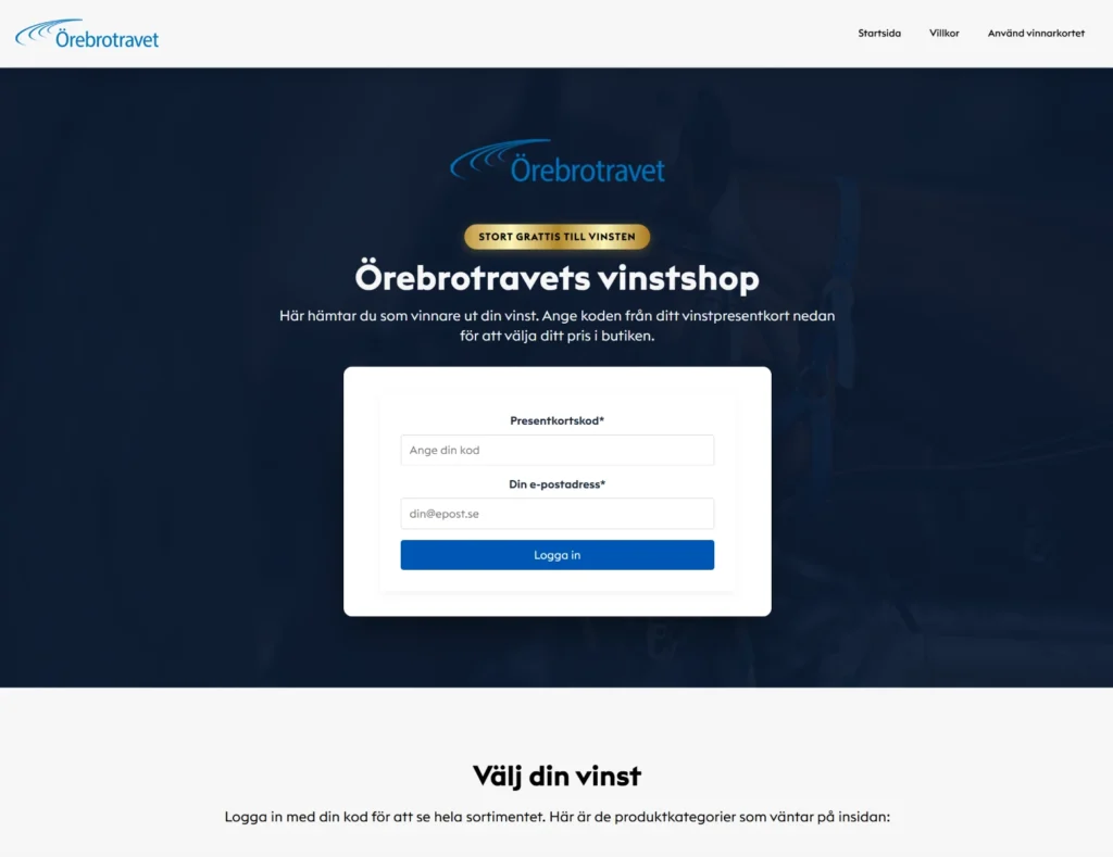 Skärmdump av Örebrotravets vinnarbutik på orebrotravet.vinnarkortet.se